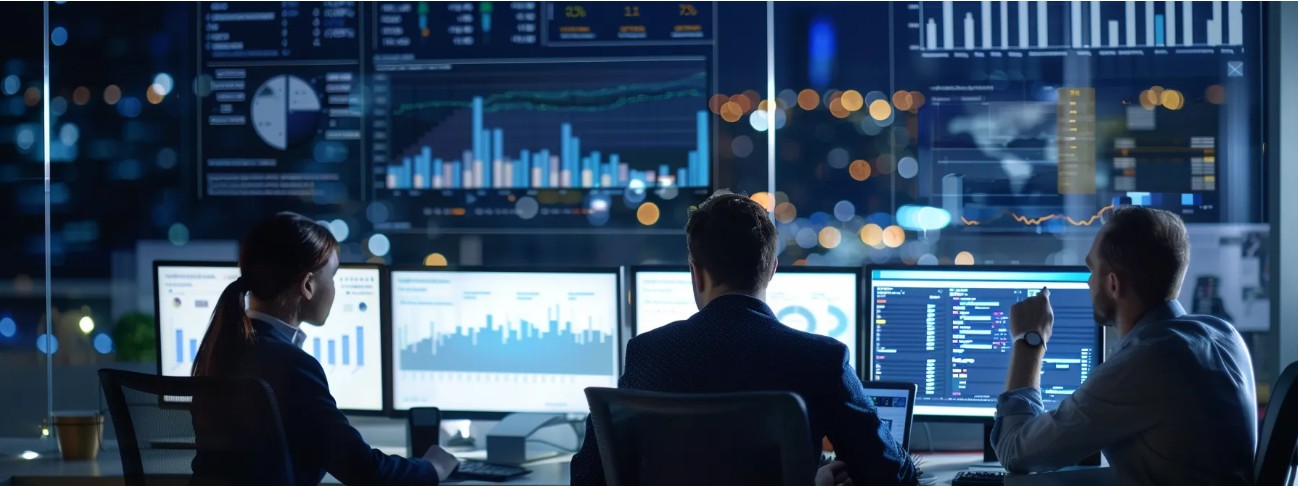 Two men and a woman sit at a table observing multiple computer monitors displaying data from customer segmentation tools