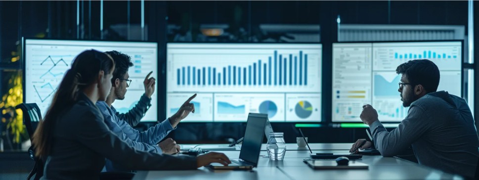 Two men and a woman sit around a table discussing customer segmentation tools while pointing at analytics dashboards on computer screens